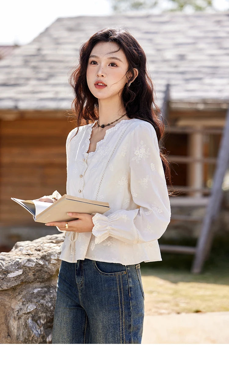MISHOW Embroidered Lace Blouse V-Neck Drawstring MXE11X1708