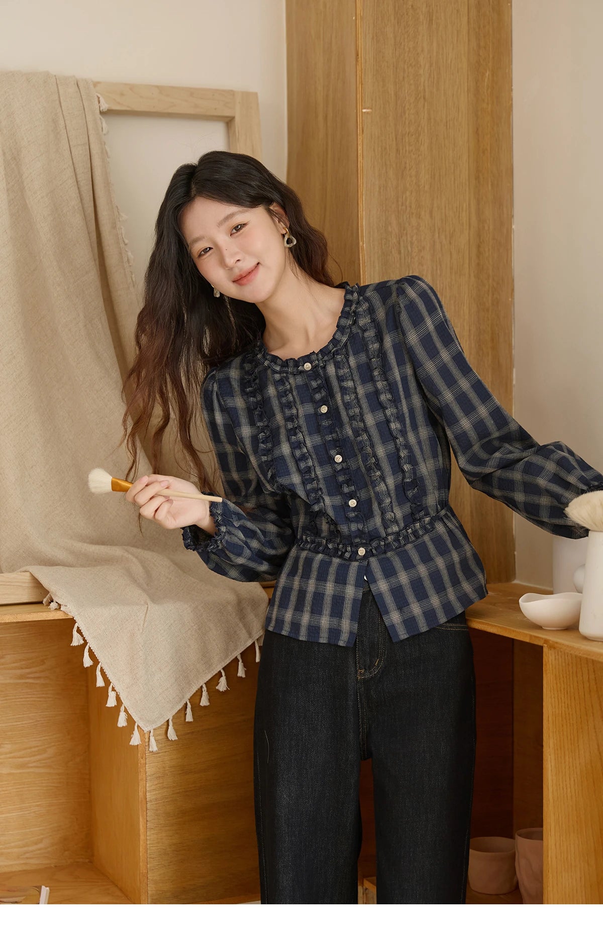 MISHOW Vintage Blue Plaid Shirt Round Neck Loose MXE45X2480
