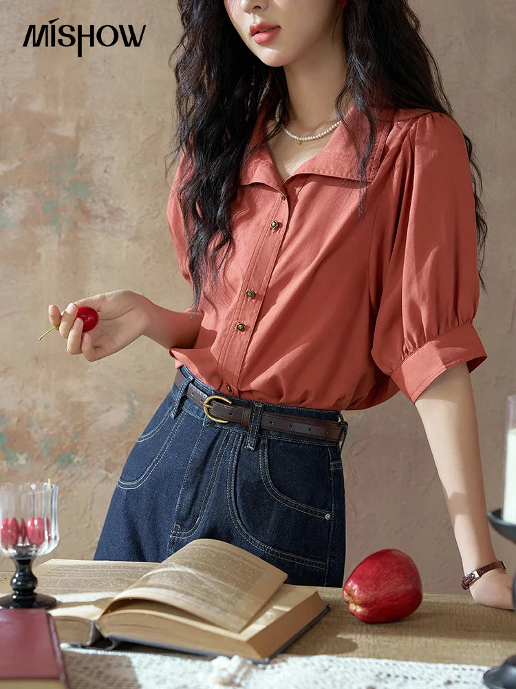 MISHOW Short Sleeve Blouse Lapel Simple Loose Fit MXD28C0247