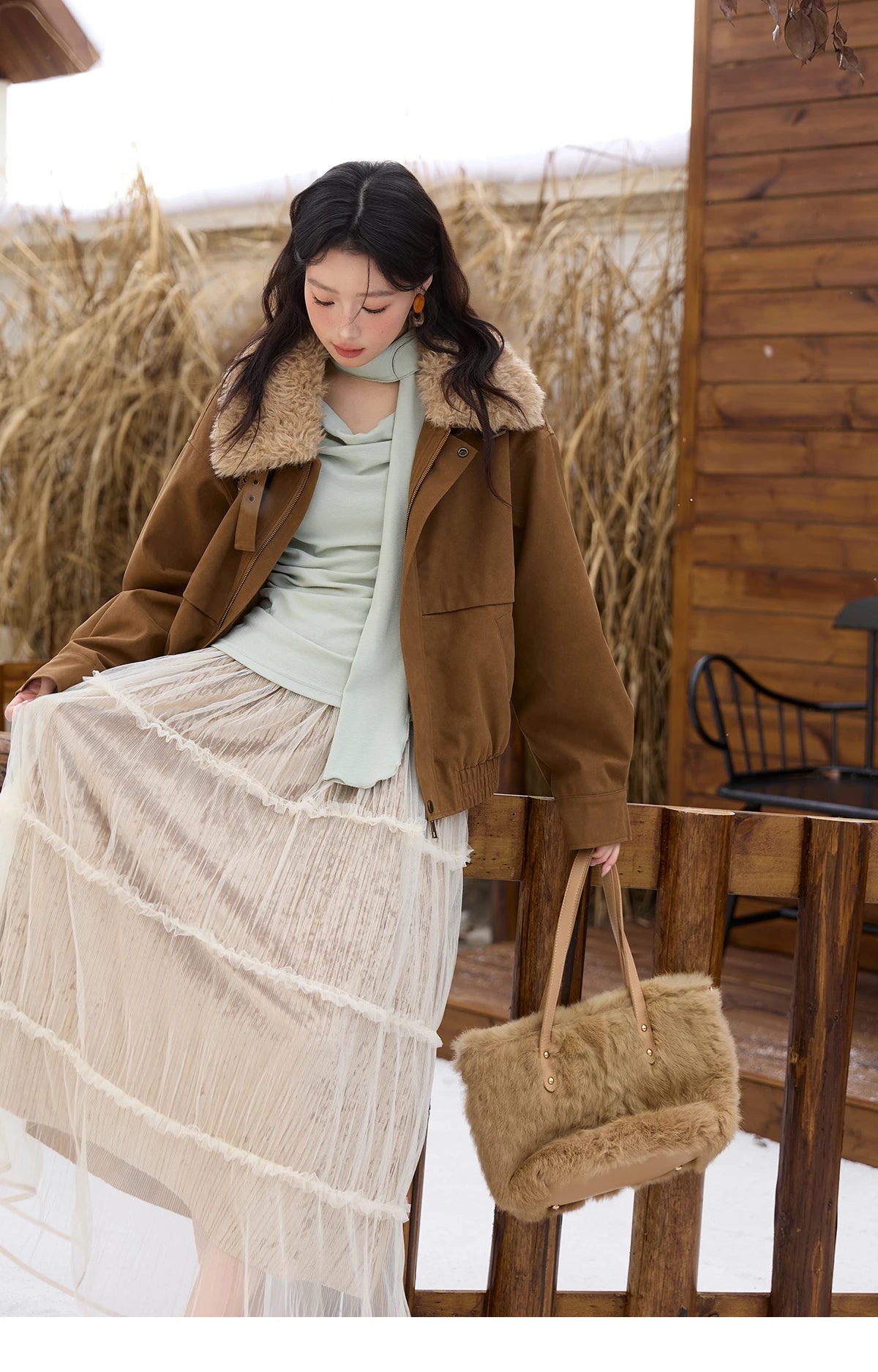 MISHOW Brown Suede Jacket Detachable Fur Collar Zipper MXE51W0876
