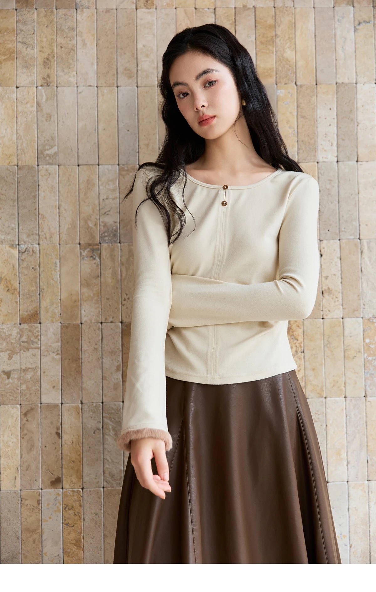 Mishow Apricot Brushed Knit Pleated Pullover MXE48Z2517