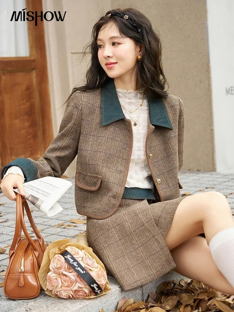 Mishow Fashion Retro Plaid Wool Jacket & Half Pleated Skirt Set MXC47W0154