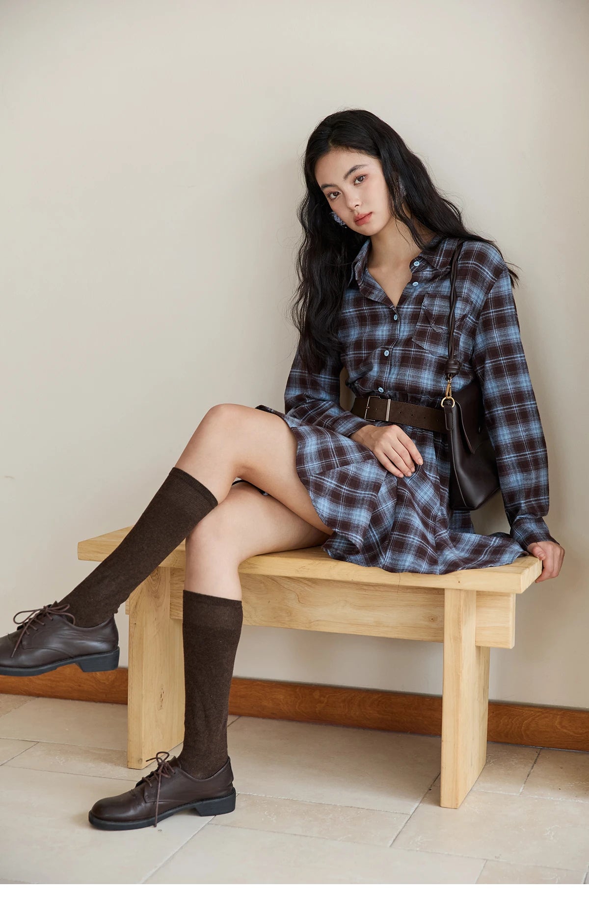 Mishow Blue Plaid Turn-Down Collar Belt Dress MXE48L2525