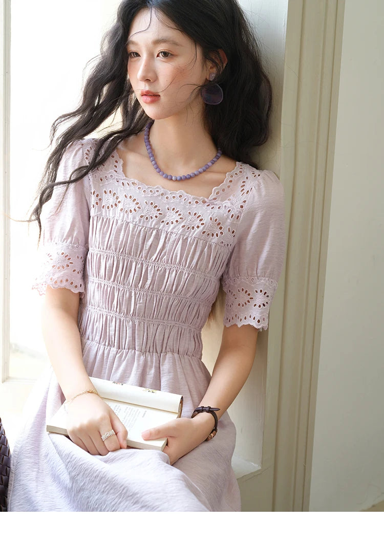 Mishow Purple Square Neck Puff Sleeve Lace Dress MXE39L2406
