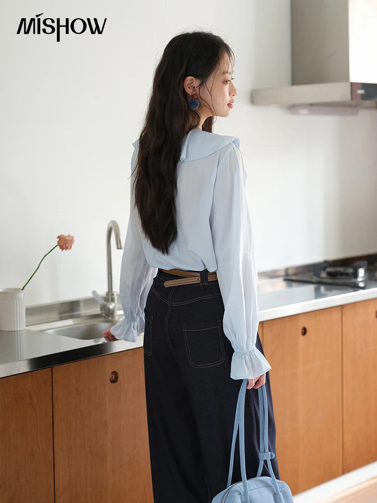 MISHOW Blue Lyocell Ruffled Shirt Flared Sleeves MXE41X1969