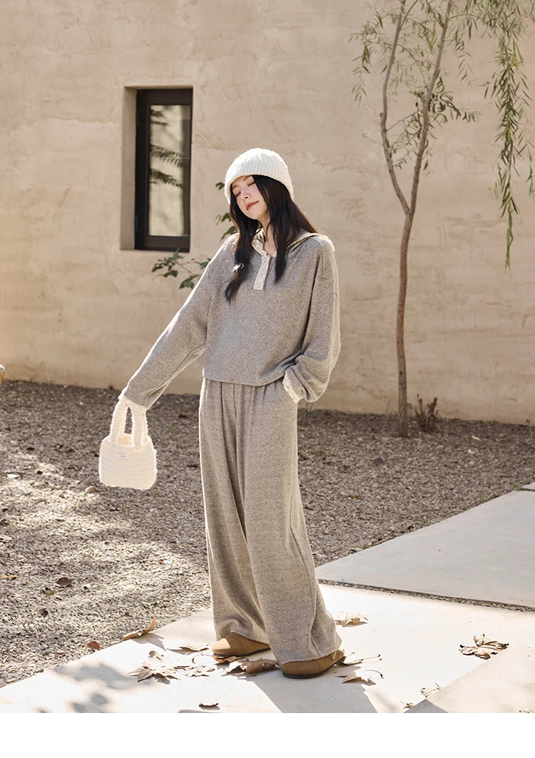 Mishow Lace Splicing Hooded Sweatshirt & Wide Leg Pants Set MXD34V0098