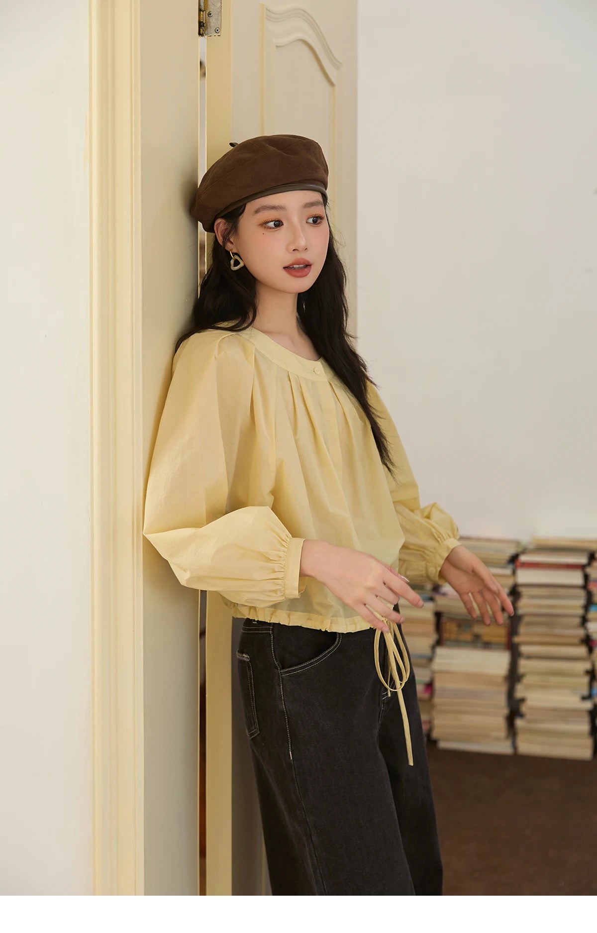 MISHOW Light Yellow Pleated Shirt Drawstring Hem Lantern Sleeve MXE45X2490