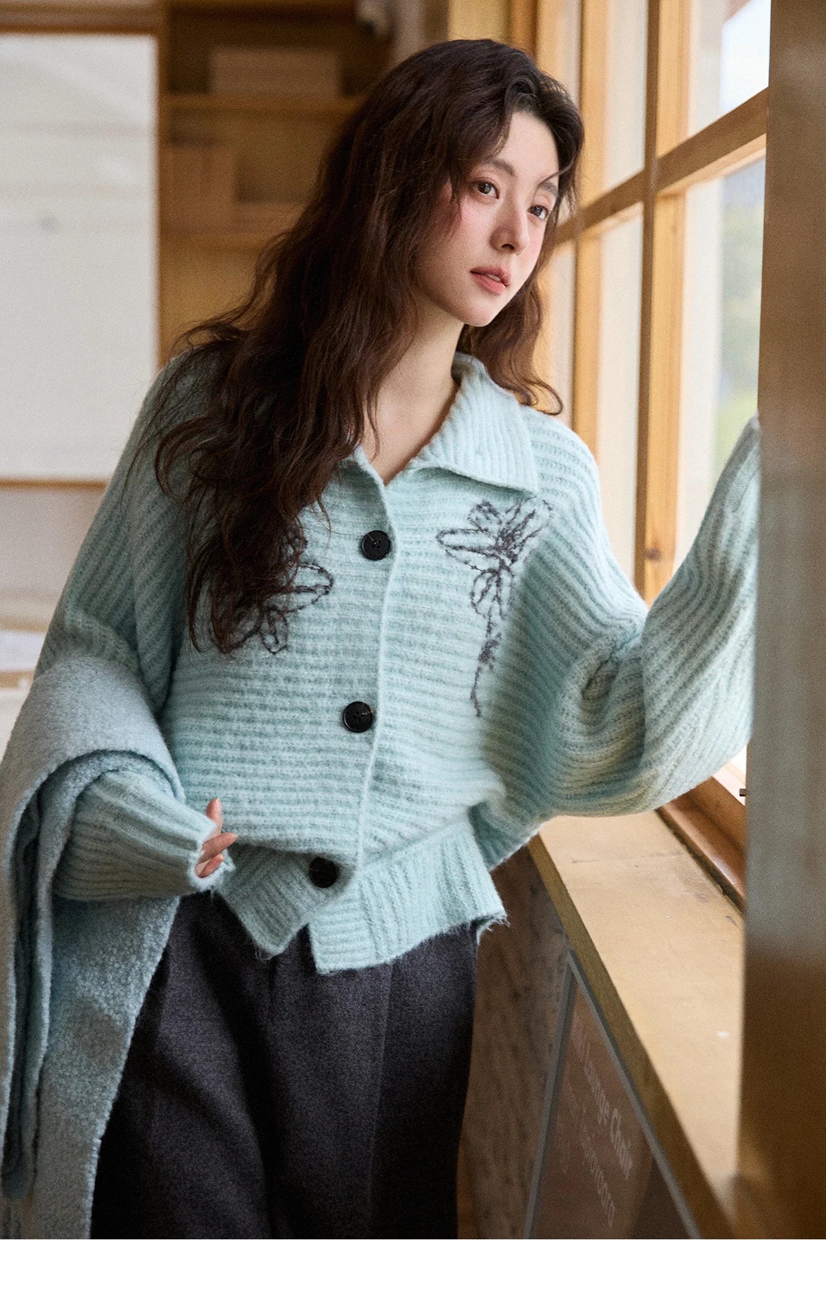 Mishow Blue Stand Collar Flower Jacquard Cardigan MXE86Z2665