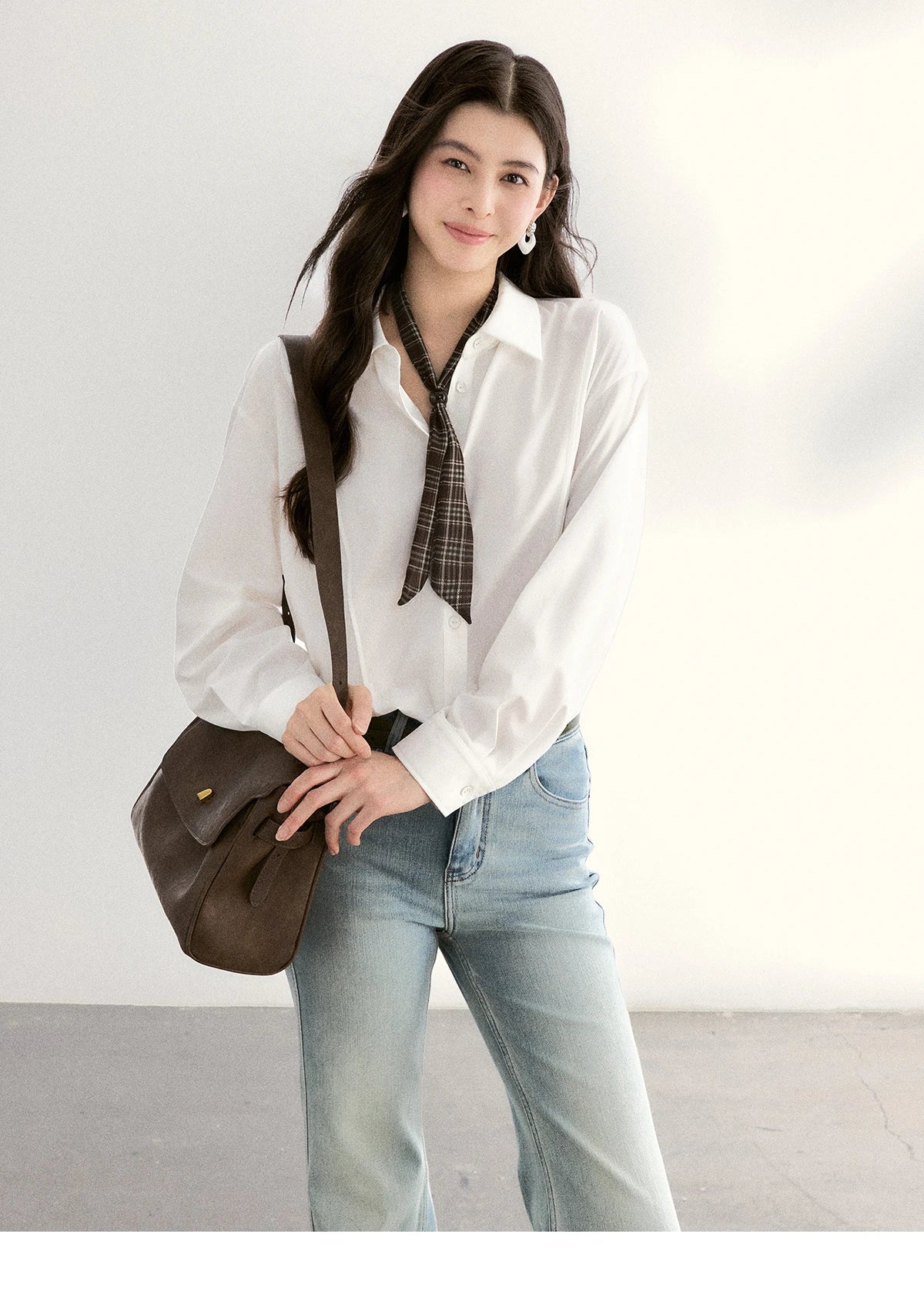 MISHOW Casual Loose Shirt with Plaid Scarf Lapel Top MXF108C0815