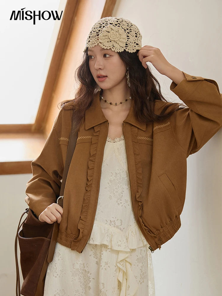 MISHOW Brown Suede Short Coat Fungus Edge Pleating Lapel Zipper MXE43W0803