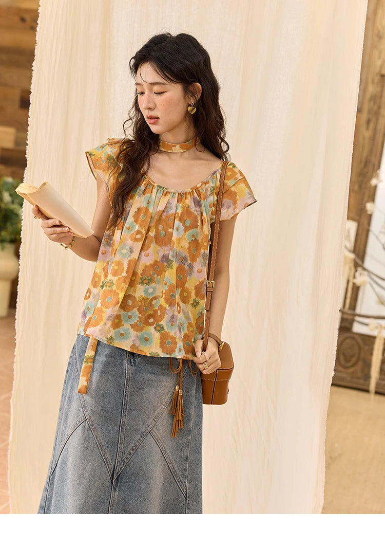 MISHOW Cotton Citrus Oil Painting Blouse Flying Sleeve MXE36X1872