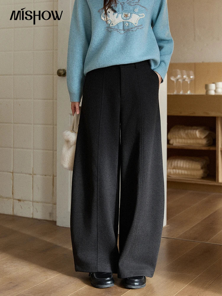 MISHOW Gray Woolen Wide-Leg Pants High Waist Draped Elastic MXE93K1143