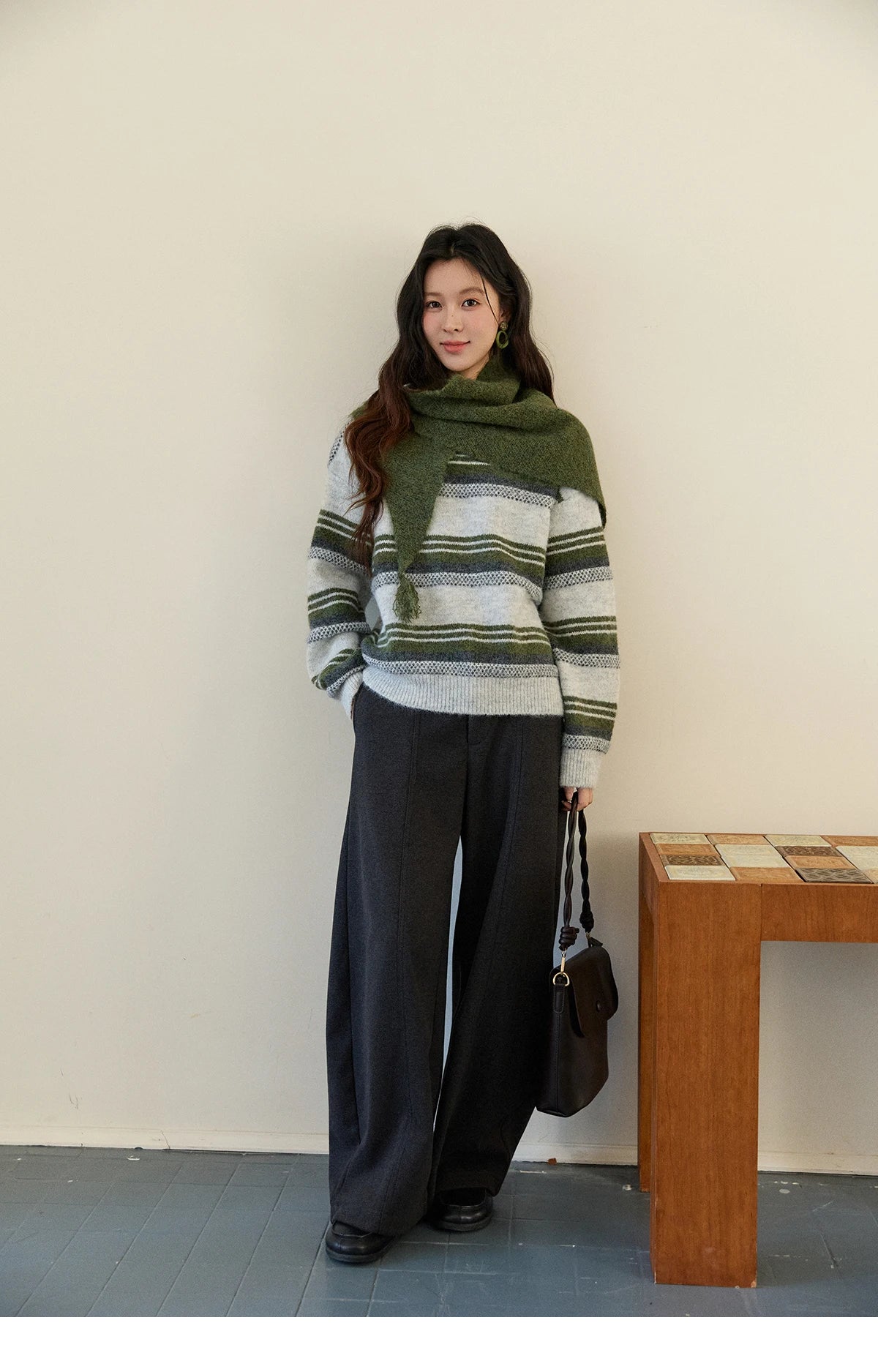 Mishow Wool Blend Retro Striped Sweater with Scarf MXE94Z2987