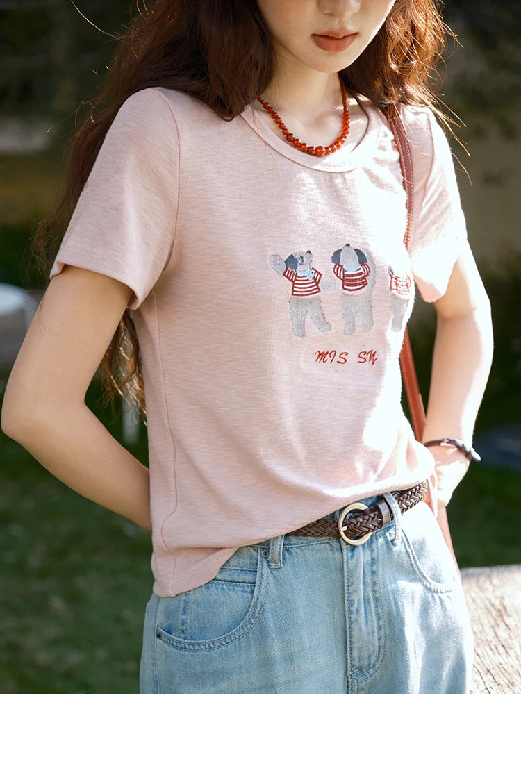 Mishow Little Bear Embroidery Round Neck Tee MXE39T0699