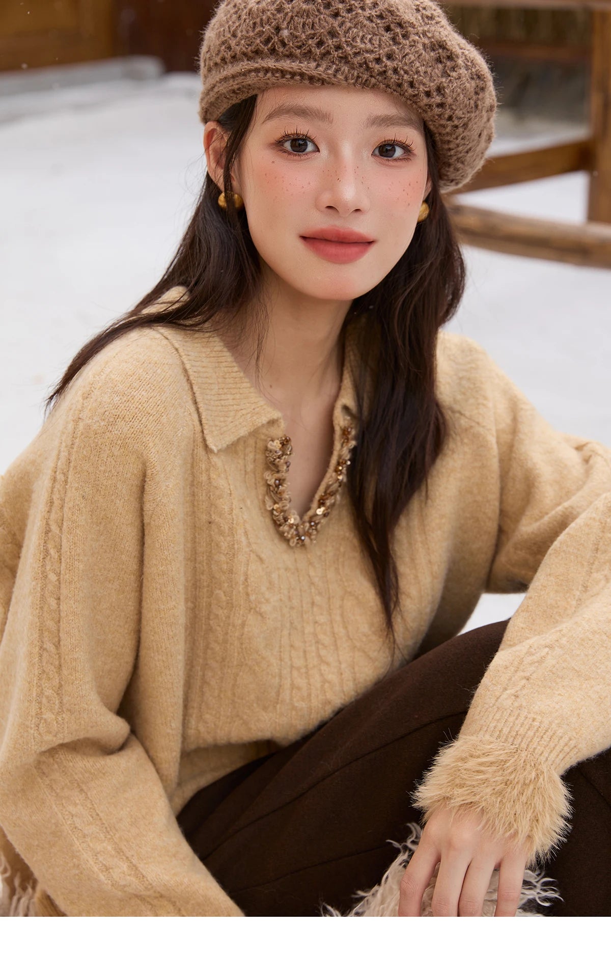 Mishow Yellow Cable Plush Hem Stitching Sweater MXE88Z2674