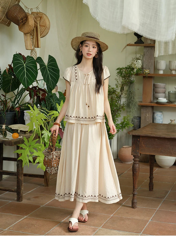Mishow Embroidery Flying Sleeve Top & Elastic Waist Skirt Set MXE39T0667