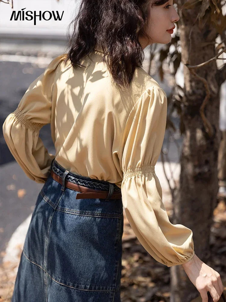 MISHOW Vintage French Lantern Sleeve Blouse Turndown Collar MXB32C0508