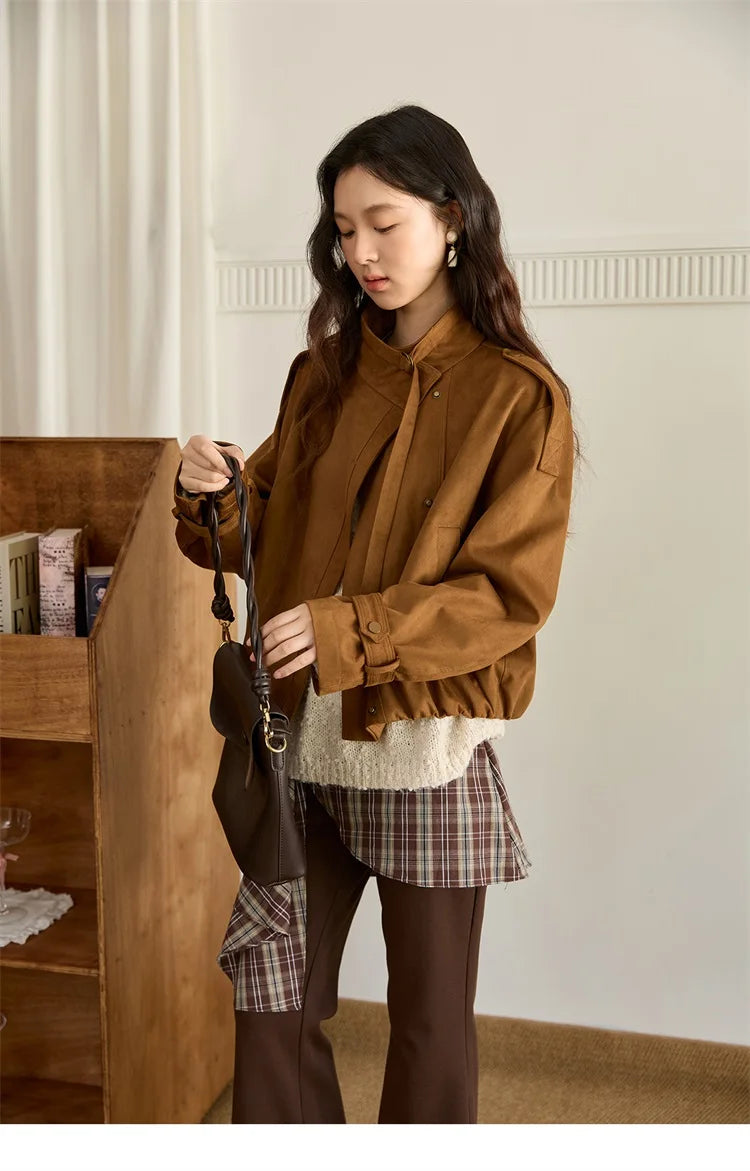 MISHOW Vintage Suede Short Jacket Brown Lapel Zipper MXE45W0869