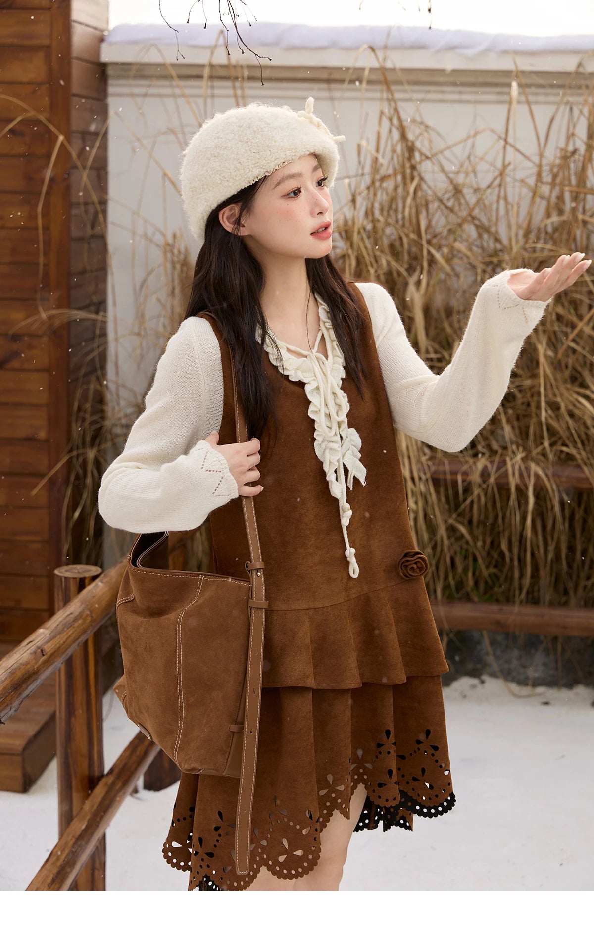 Mishow Brown Retro Suede Hollow Out Vest Dress MXE51L2524