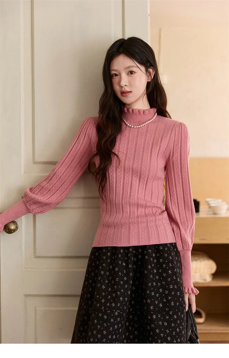 Mishow Half Turtleneck Ruffle Lantern Sleeve Top MXE93Z2810
