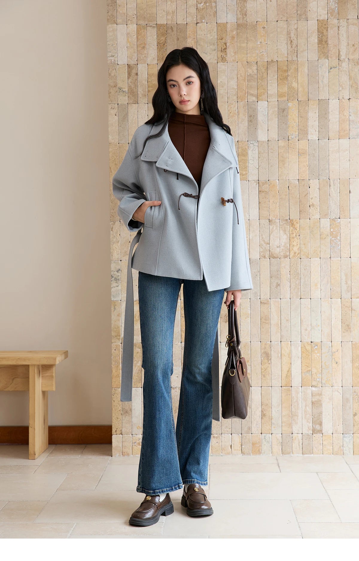 Mishow Blue Double-Breasted Lace Up Woolen Coat MXE51W0872