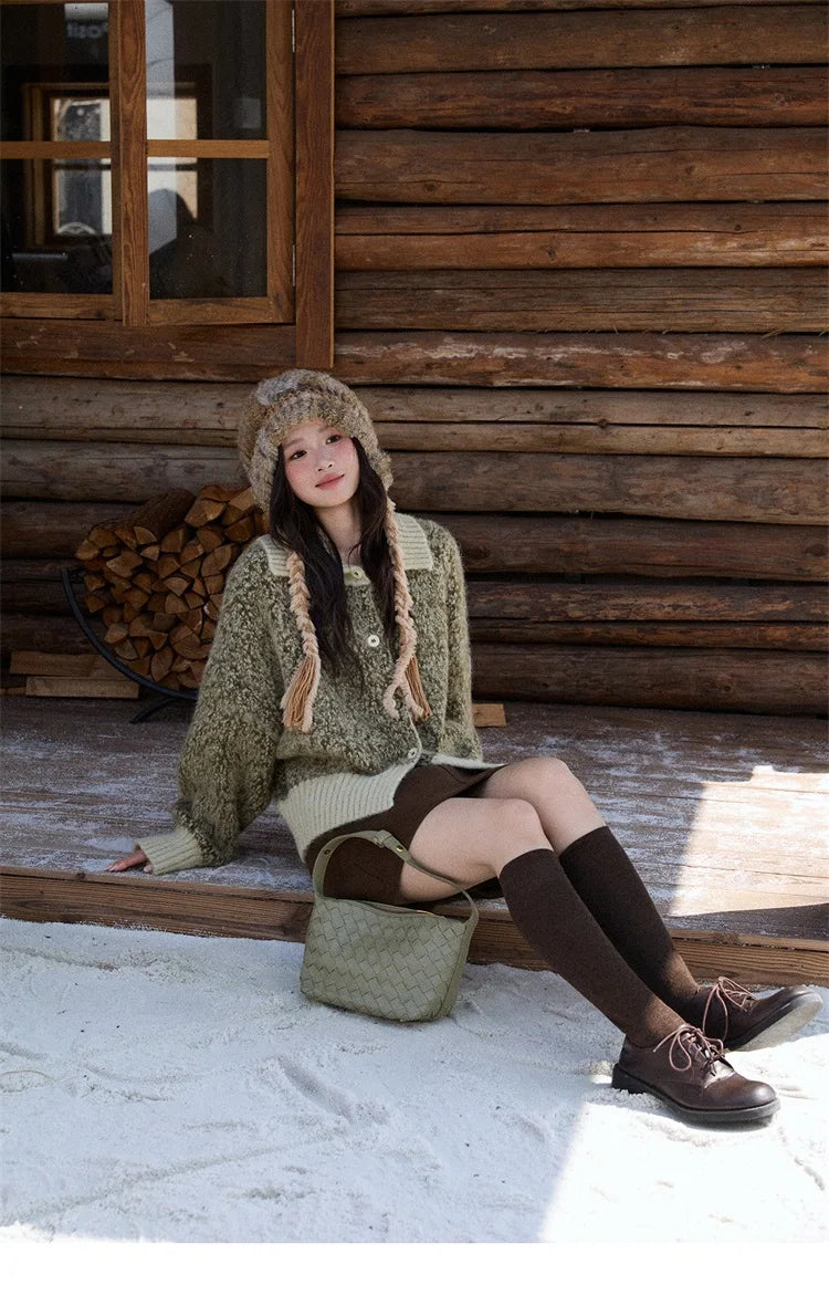 Mishow Green Retro Mottled Stand Collar Cardigan MXE90Z2787