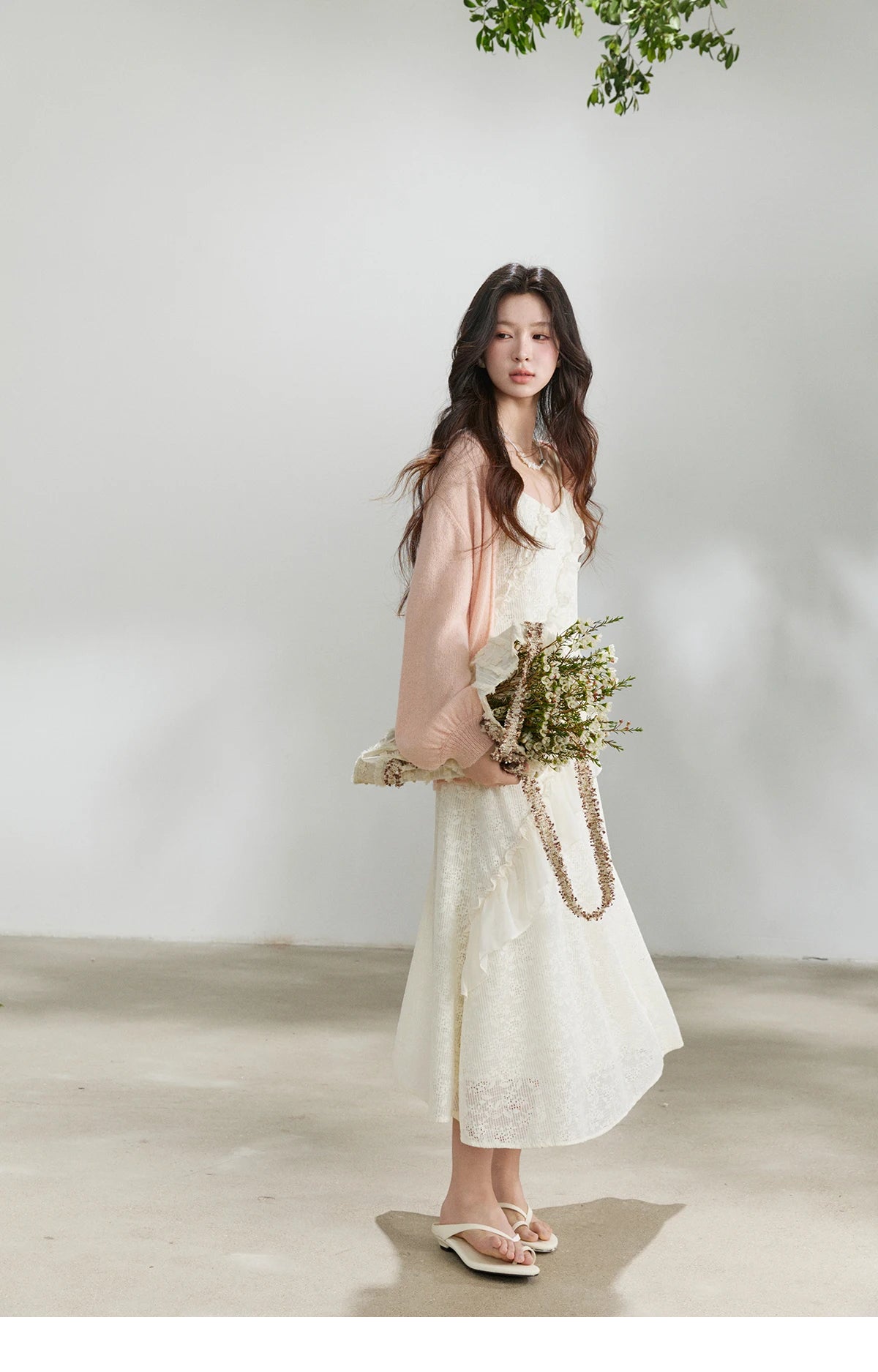 Mishow Cream Irregular Lace Ruffled Slip Dress MXF108L1005