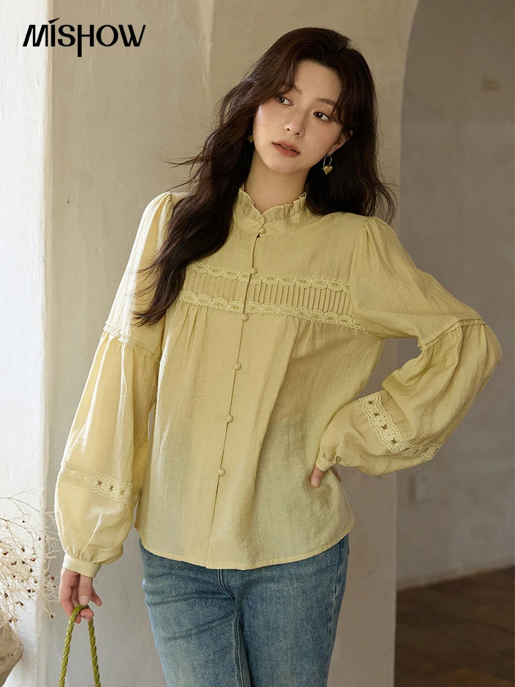 MISHOW Women's Light Yellow Linen Shirt Stand Collar Lace Sleeves MXE42X1976