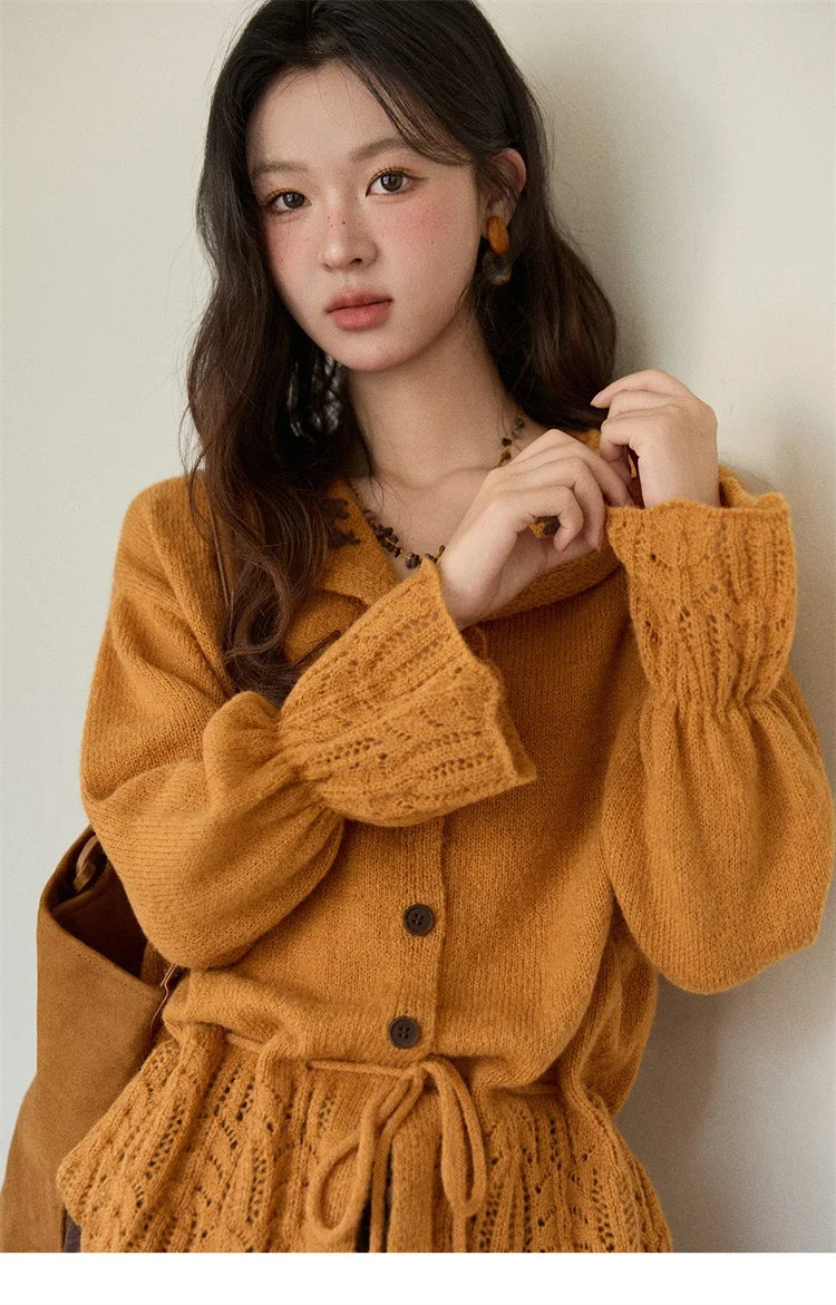 Mishow Orange Openwork Crochet Flared Sleeve Cardigan MXE87Z2685