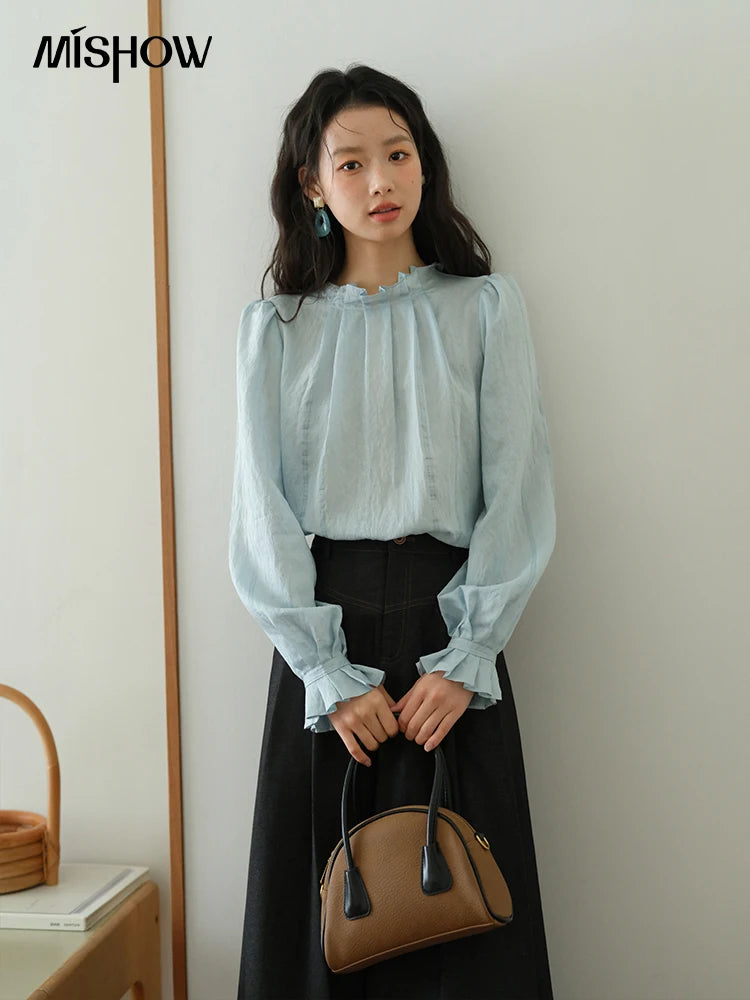 MISHOW Blue Jacquard Blouse Stand Collar Bubble Sleeves MXE41X1934