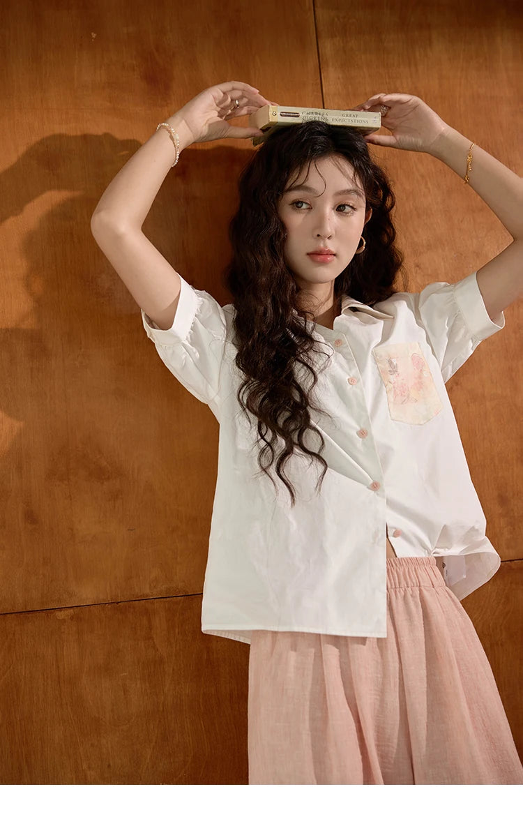 MISHOW Cotton Short Sleeve Shirt Embroidered Pocket Puff Sleeve MXD26C0243