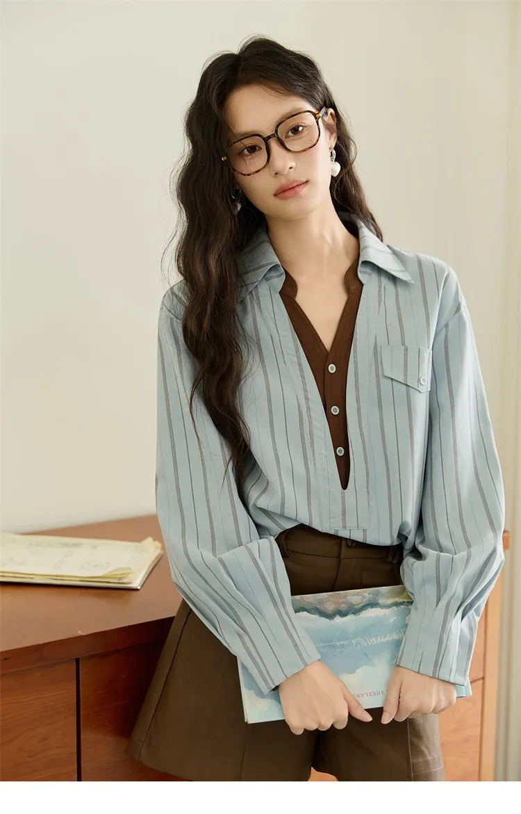 MISHOW Peach Skin Velvet Stripe Shirt Double Layered Collar MXE47C2408