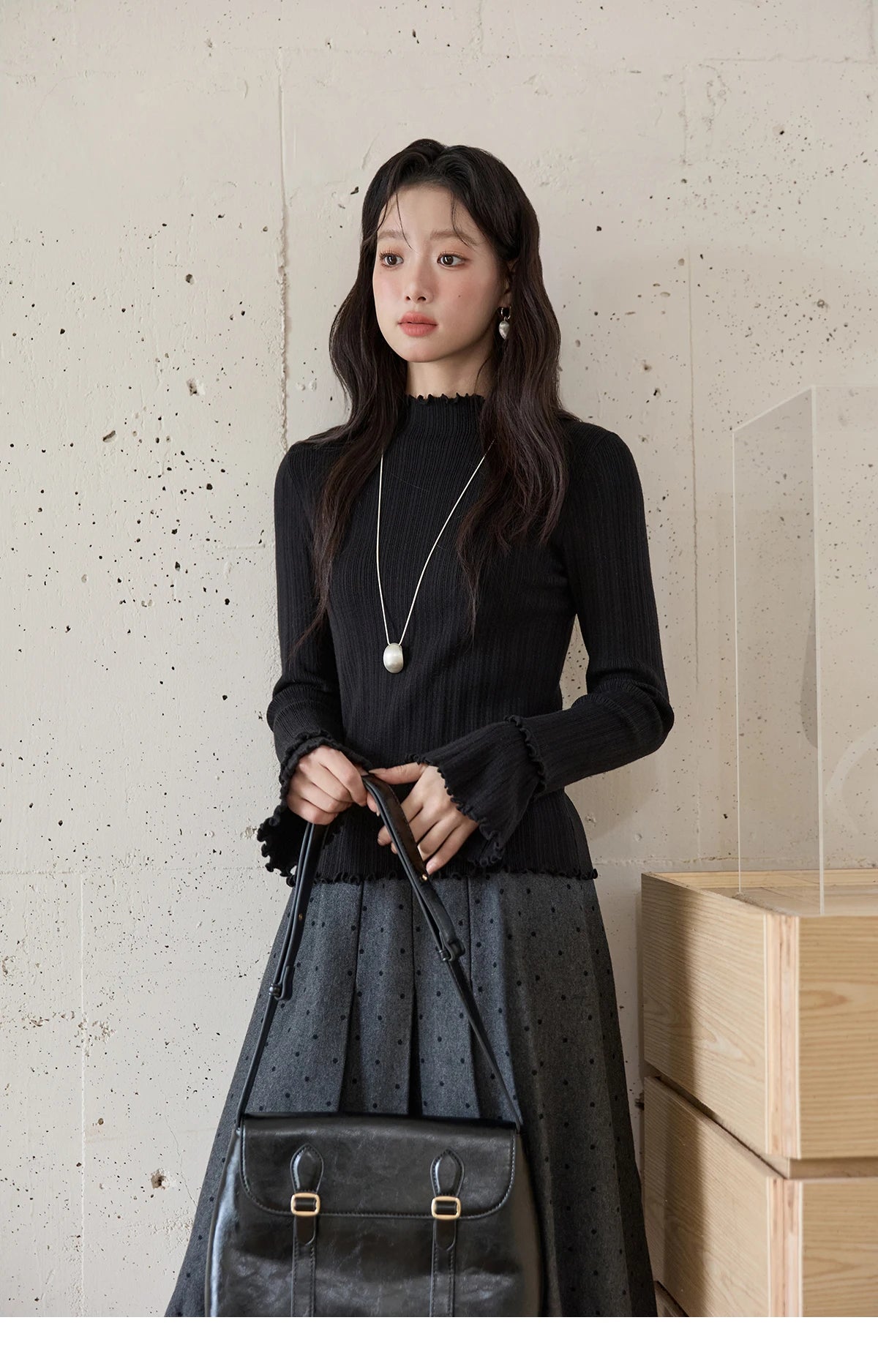 Mishow Turtleneck Wood Ear Trumpet Sleeve Top MXE51Z2552