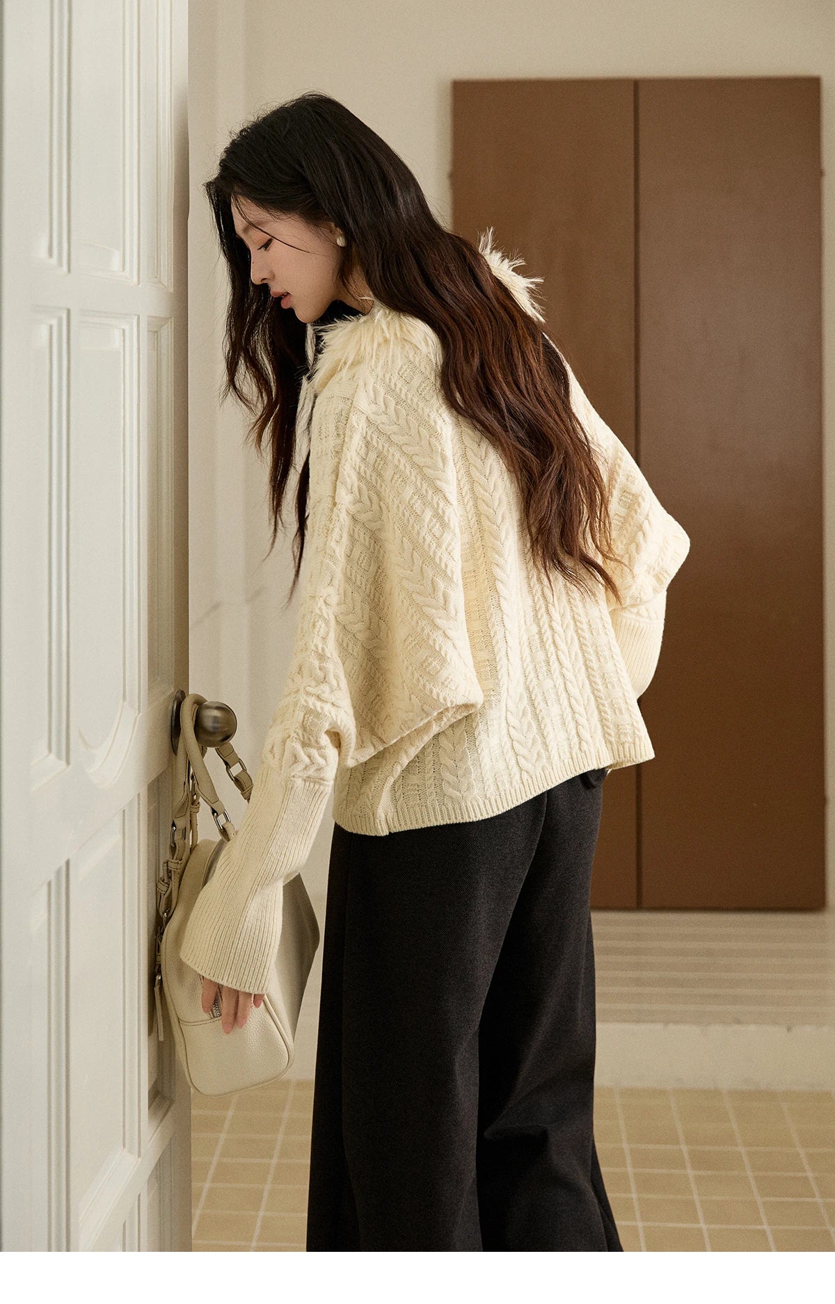 Mishow Faux Fur Collar Batwing Cable Knit Pullover MXE94Z2985