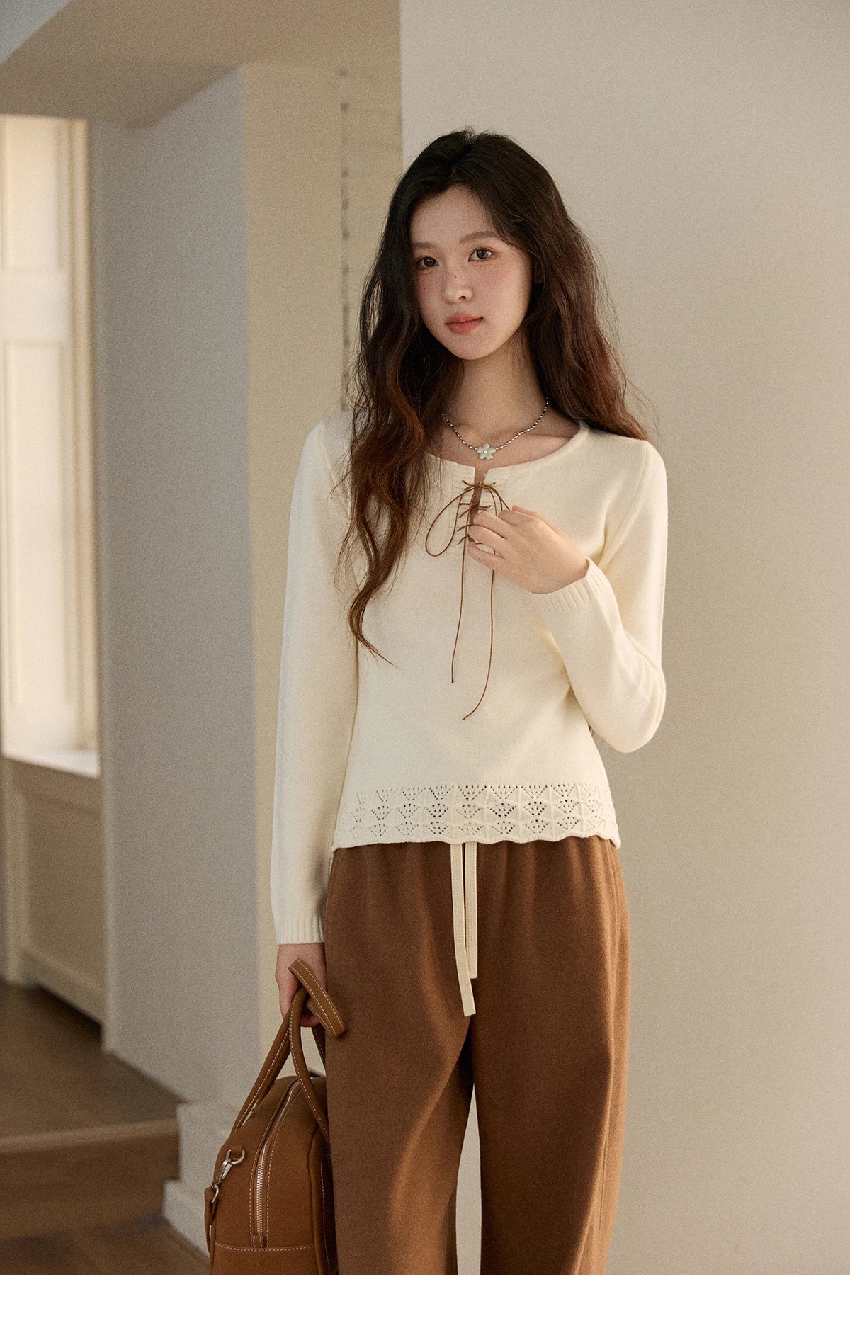 Mishow Beige Contrast French Hem Crochet Sweater MXE89Z2634