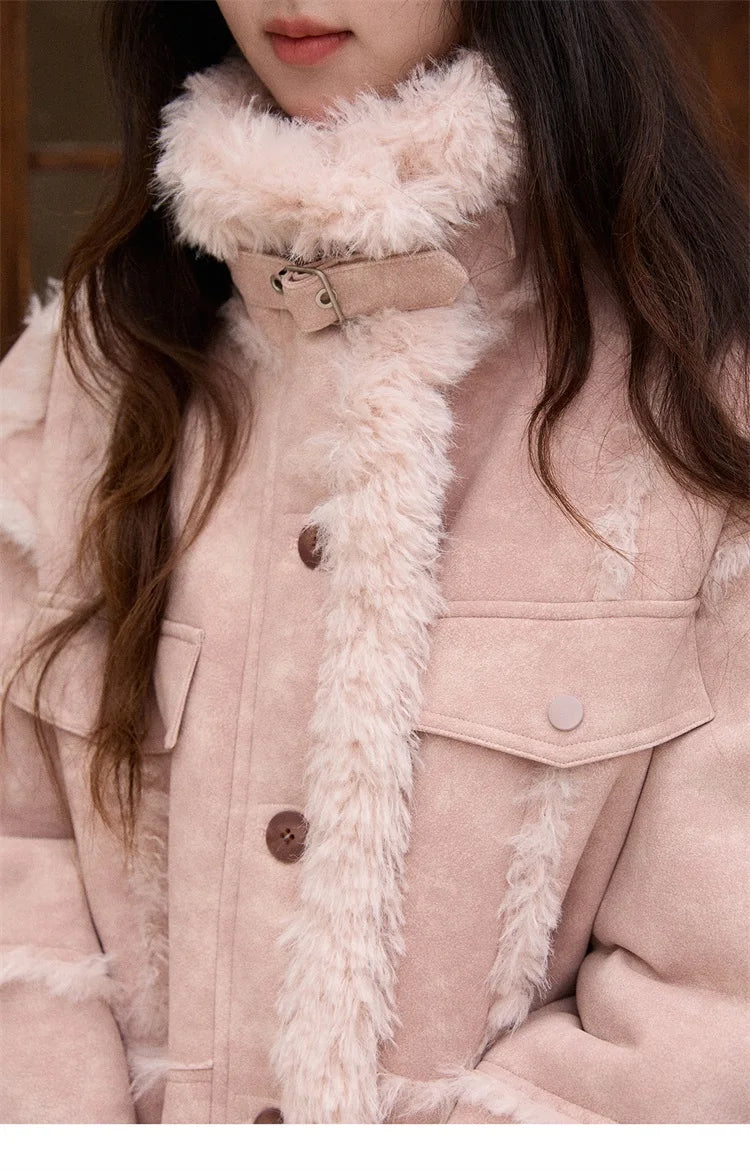 MISHOW Pink Plush Patchwork Coat Stand Collar Windproof MXE51W0911