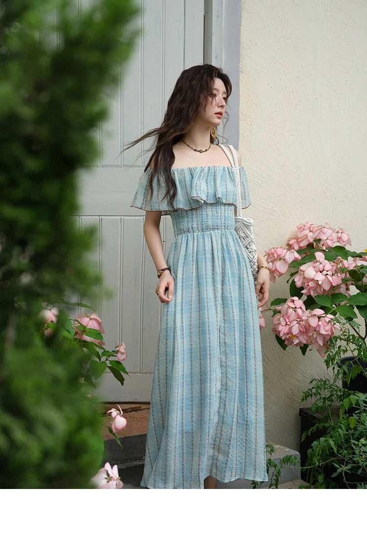 Mishow French Slash Neck Striped Chiffon Dress MXE39L2380