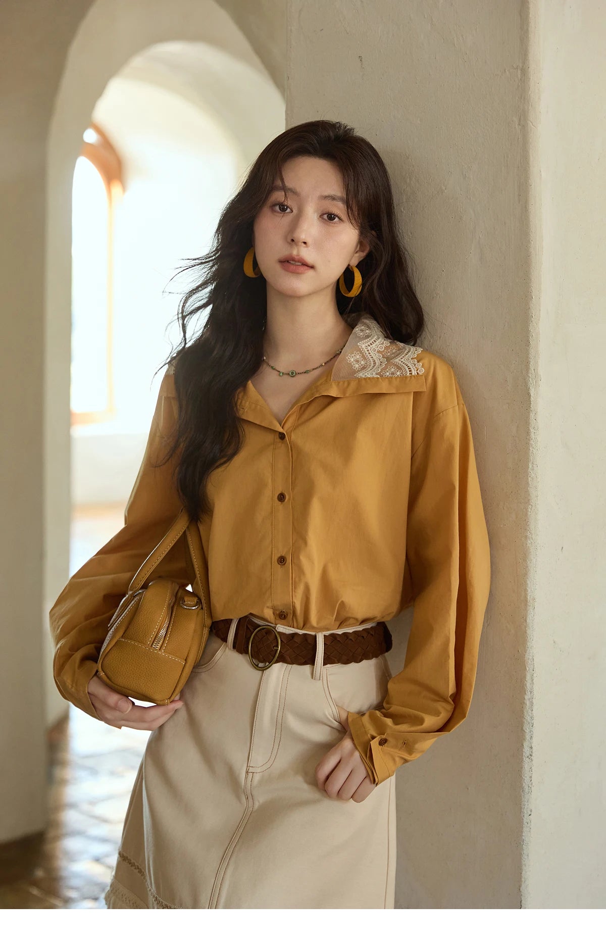 MISHOW Solid Cotton Shirt V-Neck Double Layer Lace MXE41C2366
