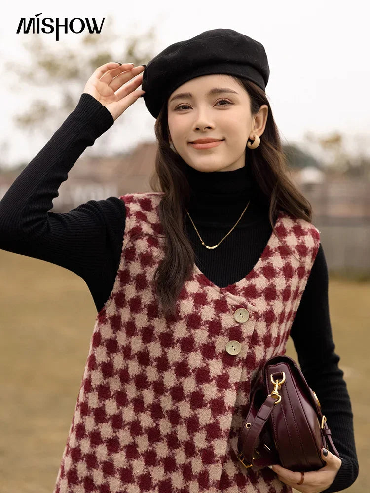 Mishow Plaid V-Neck Sleeveless Woolen Vest Dress MXB47L1332