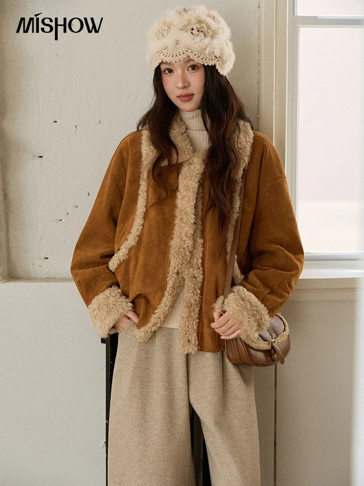 MISHOW Retro Brown Suede Jacket Patchwork Fur Turn Down Collar MXE89W0895