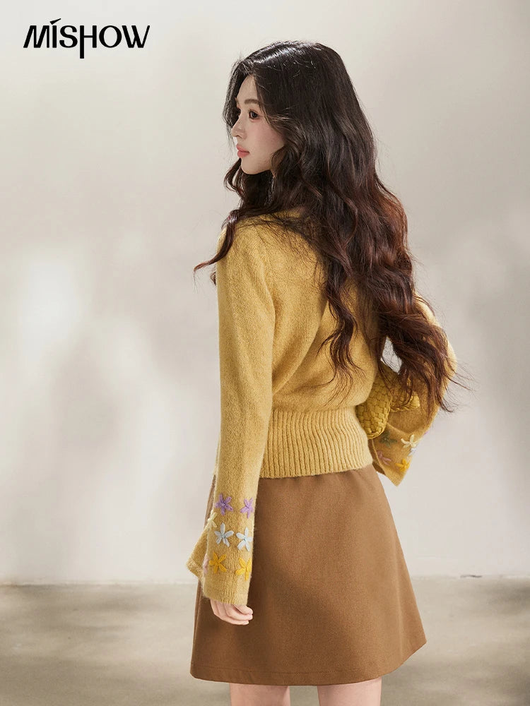 Mishow Yellow Floral Embroidered Boat Neck Flare Sleeve Top MXE94Z2864
