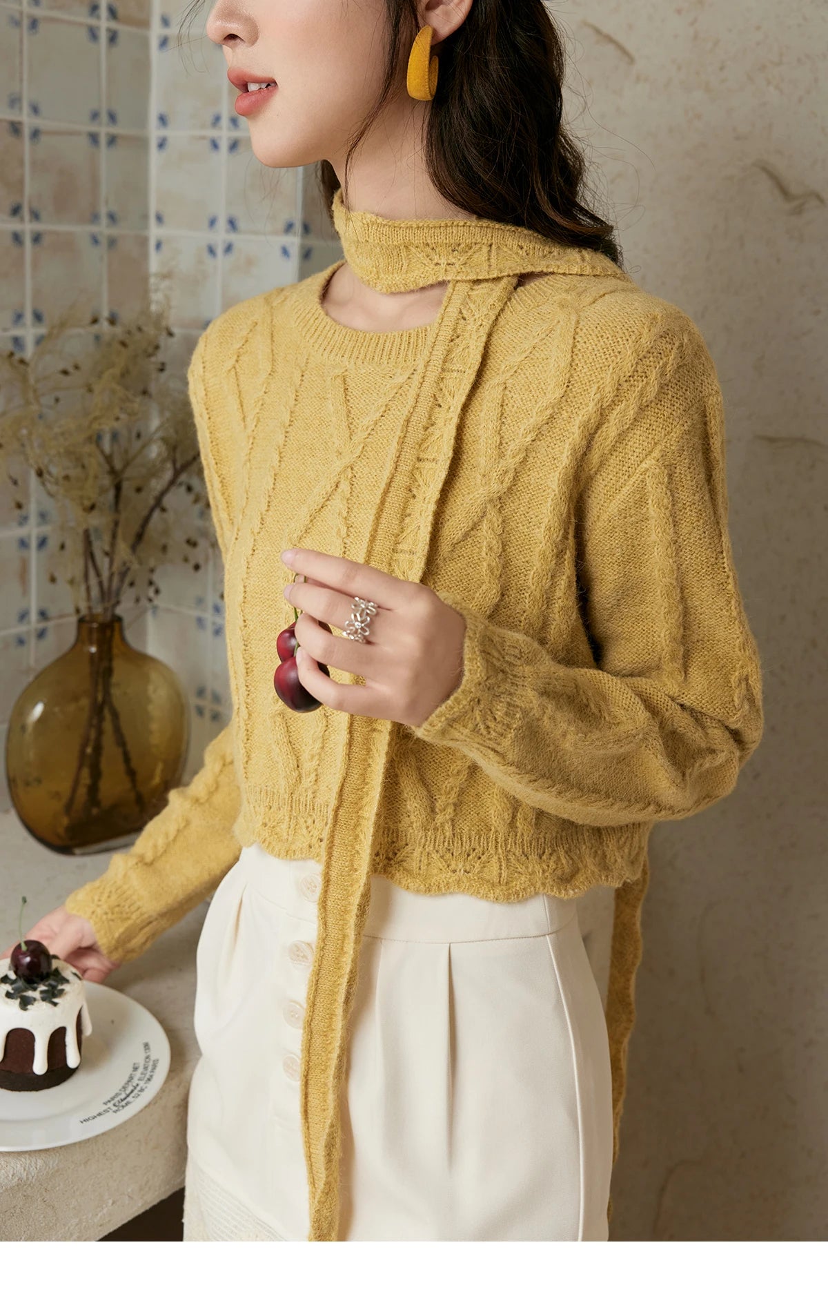 MISHOW Romantic Lace Wave Knit Sweater with Belt MPD42Z0736