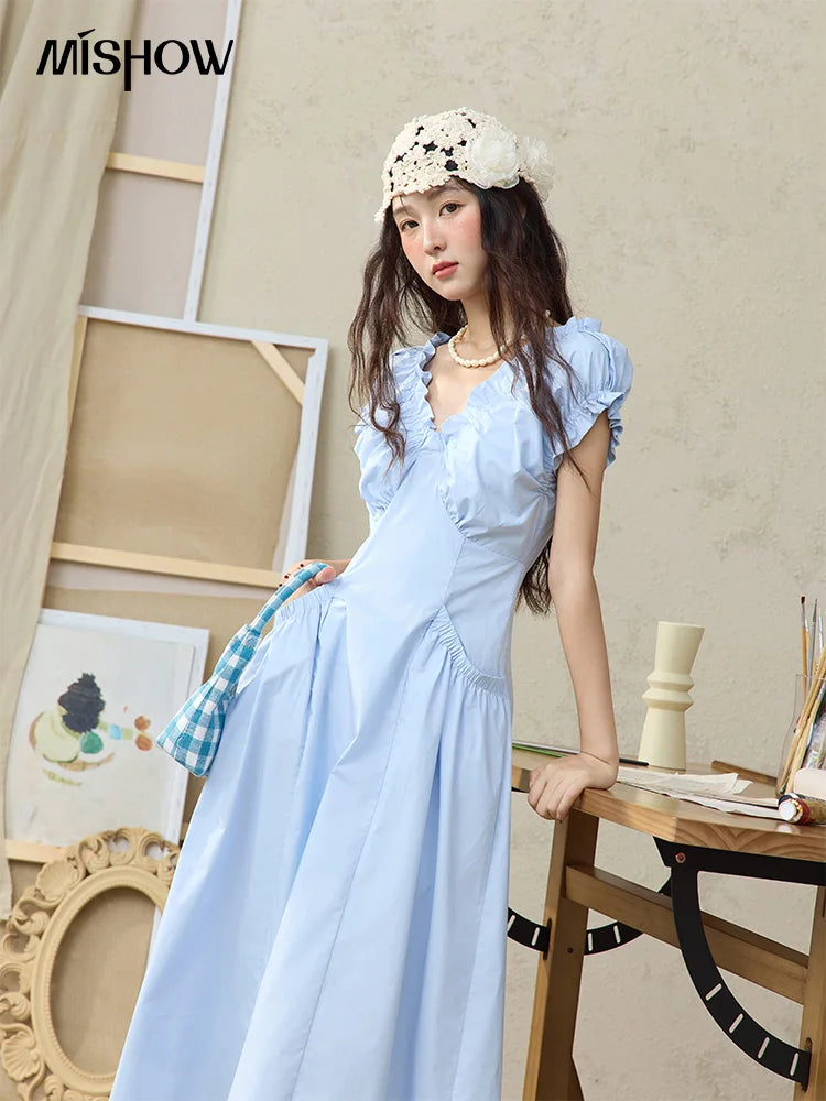 Mishow V-Neck Puff Sleeve Office Midi Dress MXD29L1934