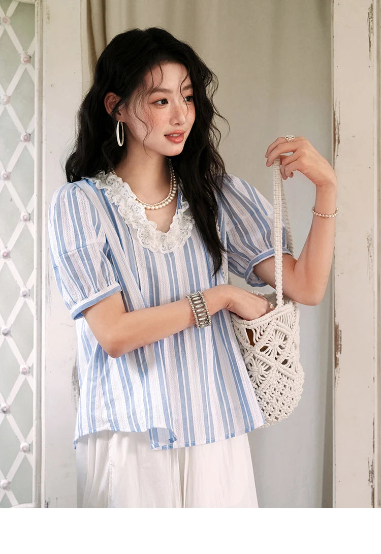 MISHOW Cotton Striped Blouse Lantern Sleeve Lace V-Neck MXE36X1845