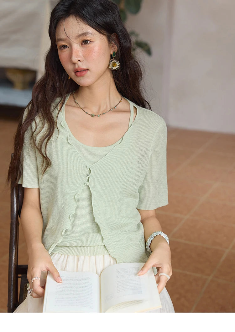 Mishow Mint Green Fake Two-Piece Short Sleeve Cardigan MXE36Z1286