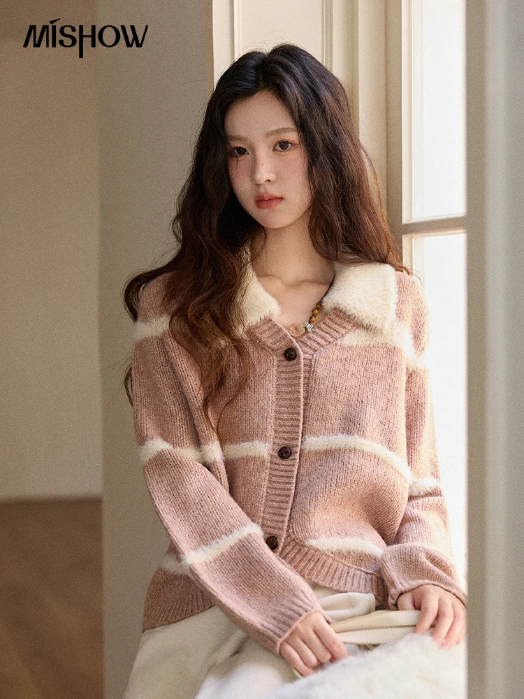 Mishow Faux Mink Turn-Down Collar Striped Cardigan MXE89Z2668