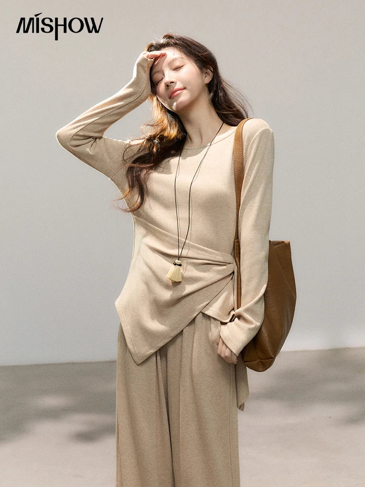 Mishow Khaki Asymmetrical Hem Top & Wide Leg Pants Set MXF11T1465