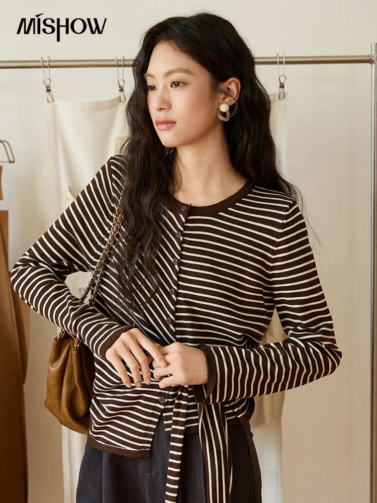 Mishow Coffee Striped Knitted Cardigan Sweater MXE46Z2537