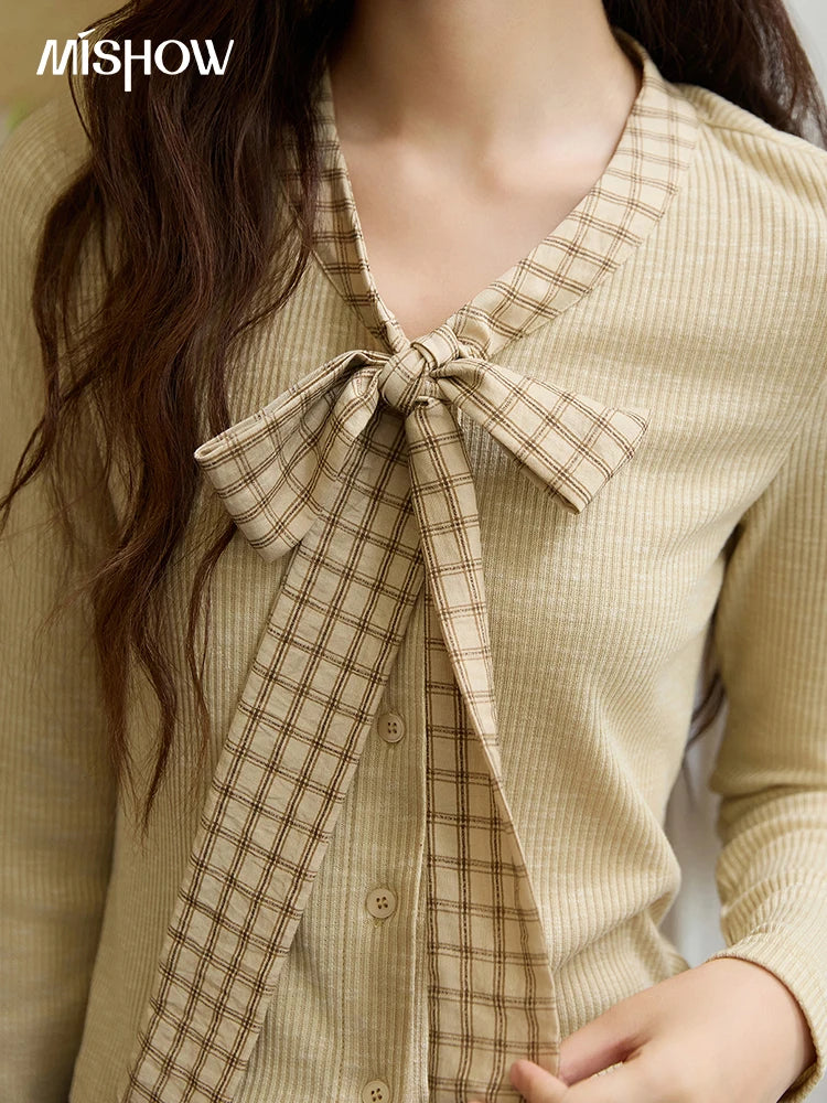 Mishow Yellow Vintage Plaid Bowknot V-Neck Cardigan MXE16Z1168