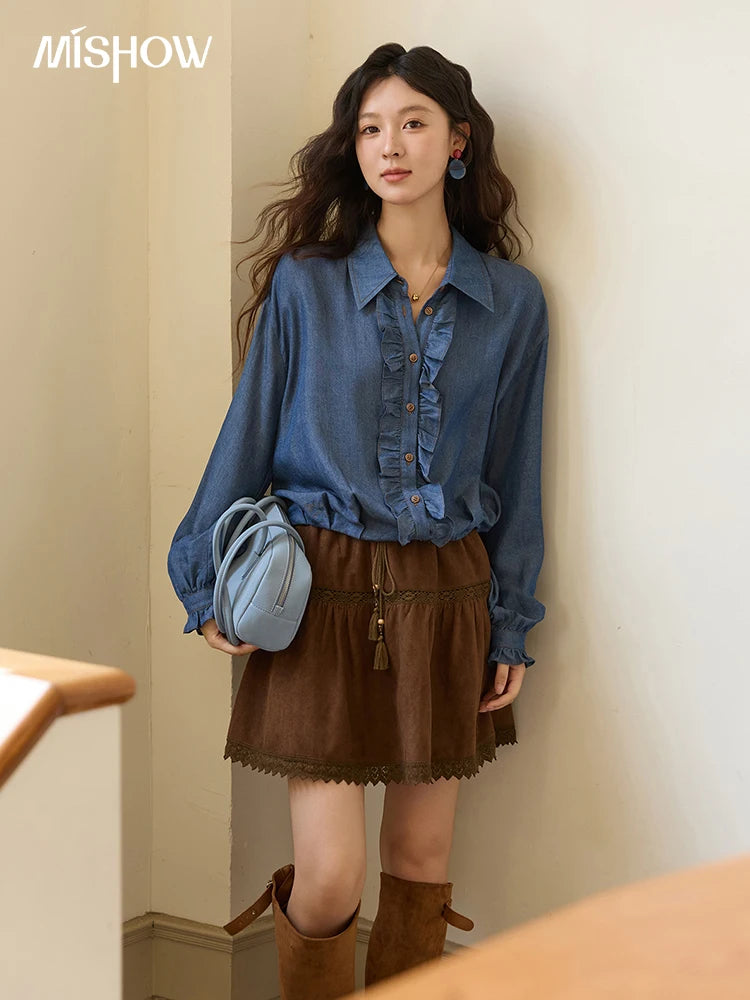 MISHOW Blue Lyocell Denim Shirt Ruffled Placket Waist Cinc MXE43C2386